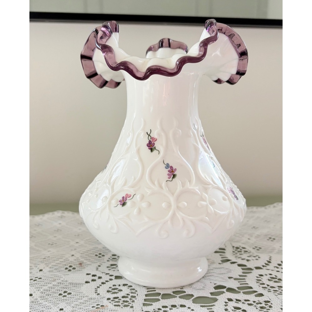 Rare Fenton Amethyst/Purple Crest Painted Flowers Spanish Lace Vase Signed